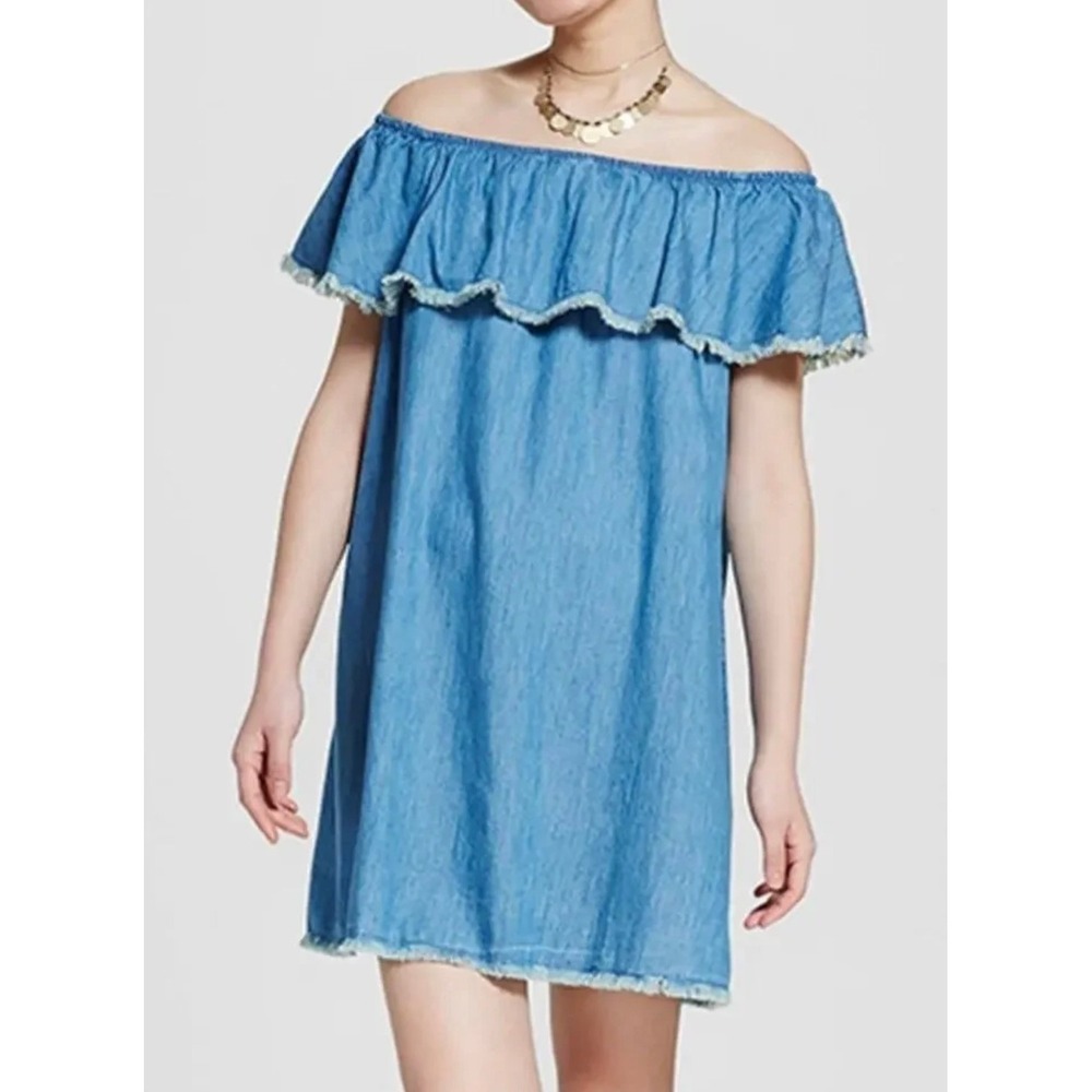 MOSSIMO Off-Shoulder Mini Dress Blue Chambray Cotton Fringe Hems Women's XS